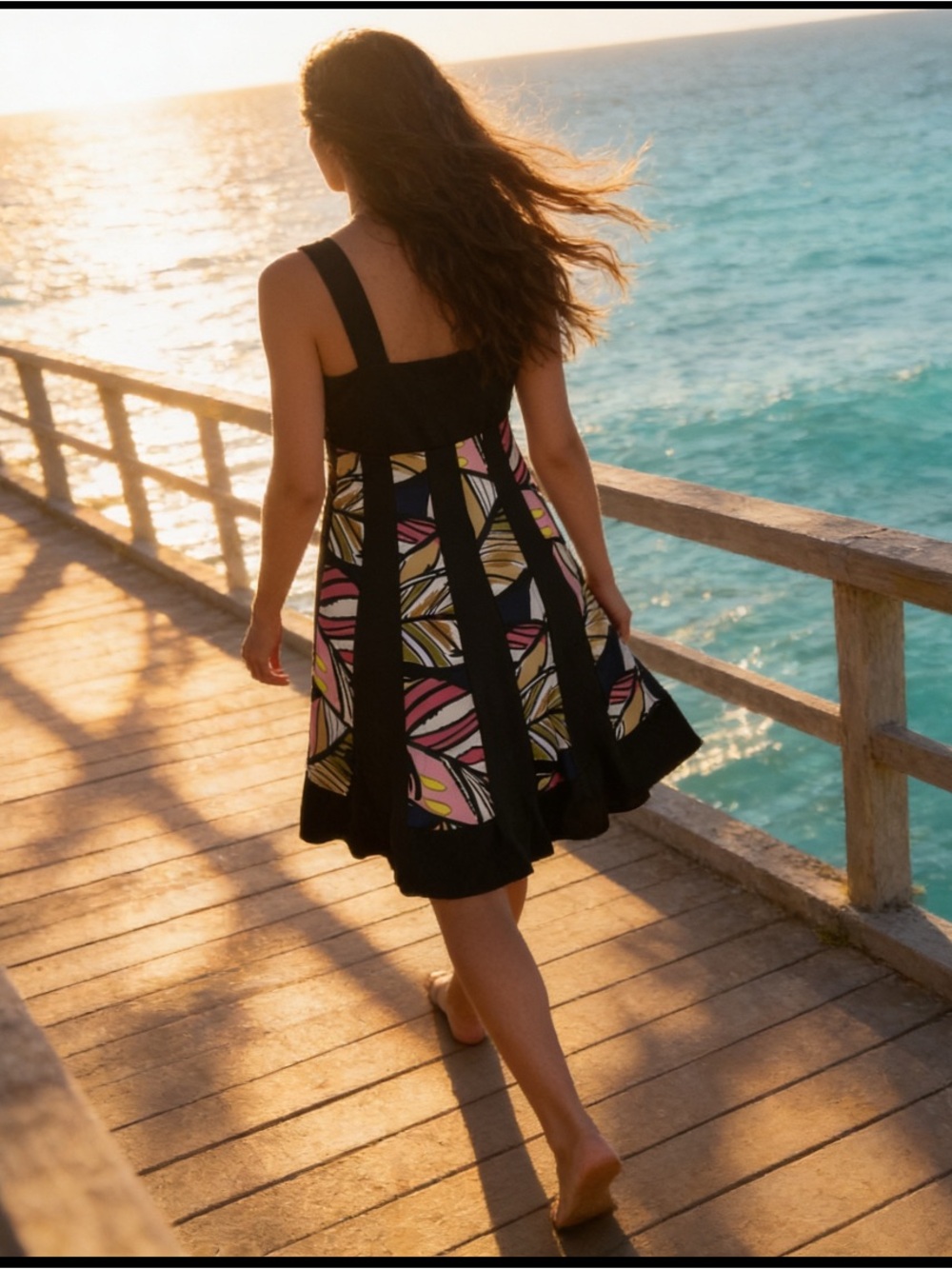 Plus size Black Midi Sleeveless Dress with Pink and Yellow abstract Panels - Picture 3 of 8